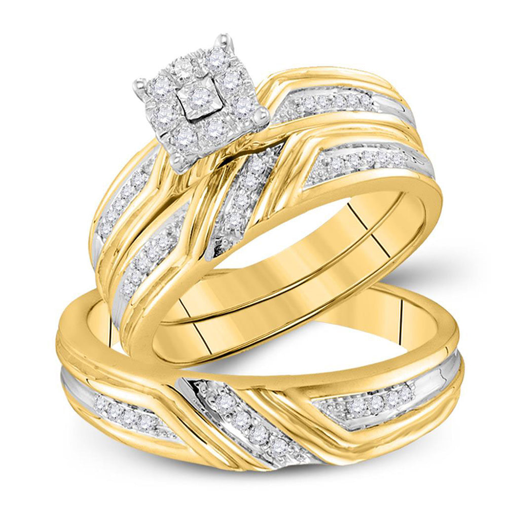 10kt Yellow Gold His Hers Round Diamond Cluster Matching Wedding Set 1/3 Cttw