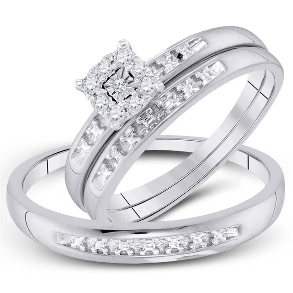 10kt White Gold His Hers Round Diamond Cluster Matching Wedding Set 1/10 Cttw