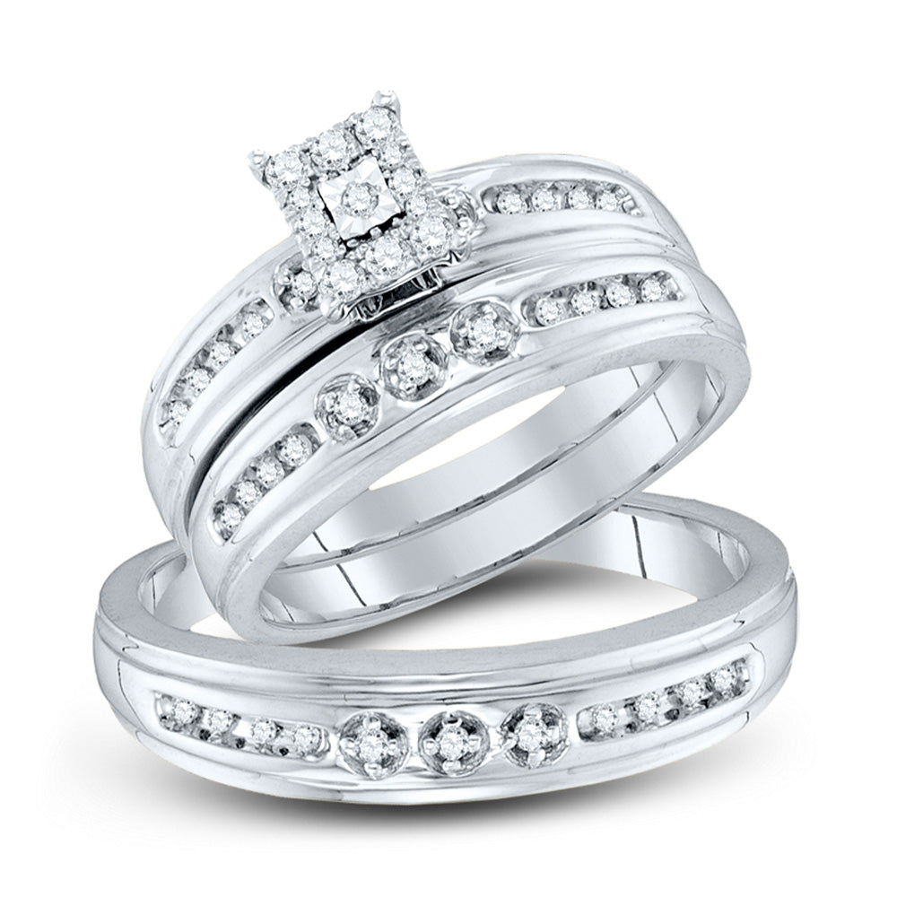 10kt White Gold His Hers Round Diamond Cluster Matching Wedding Set 1/3 Cttw