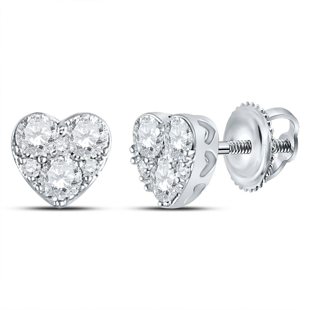 10kt White Gold Womens Round Diamond Heart Earrings 1/2 Cttw