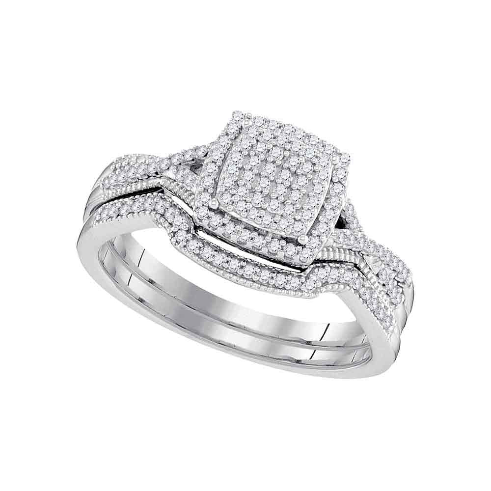 10kt White Gold Round Diamond Square Bridal Wedding Ring Band Set 1/3 Cttw