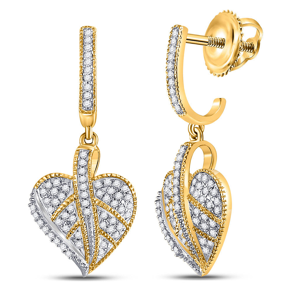 10kt Yellow Gold Womens Round Diamond Heart Dangle Earrings 1/3 Cttw