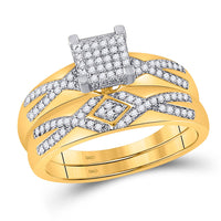 Load image into Gallery viewer, 10kt Yellow Gold His Hers Round Diamond Cluster Matching Wedding Set 1/2 Cttw
