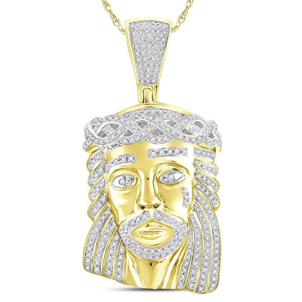 10kt Yellow Gold Mens Round Diamond Jesus Face Charm Pendant 1-1/4 Cttw