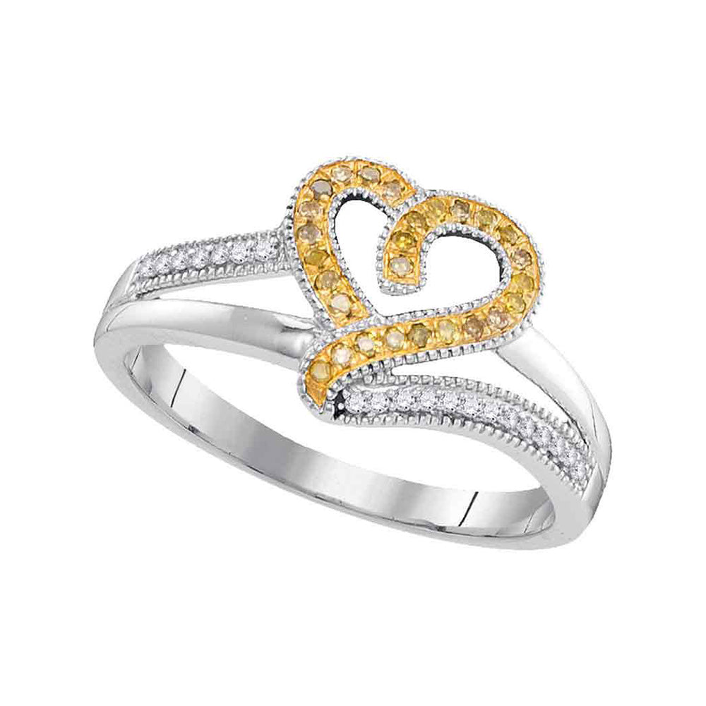 10kt White Gold Womens Round Yellow Color Enhanced Diamond Heart Ring 1/8 Cttw