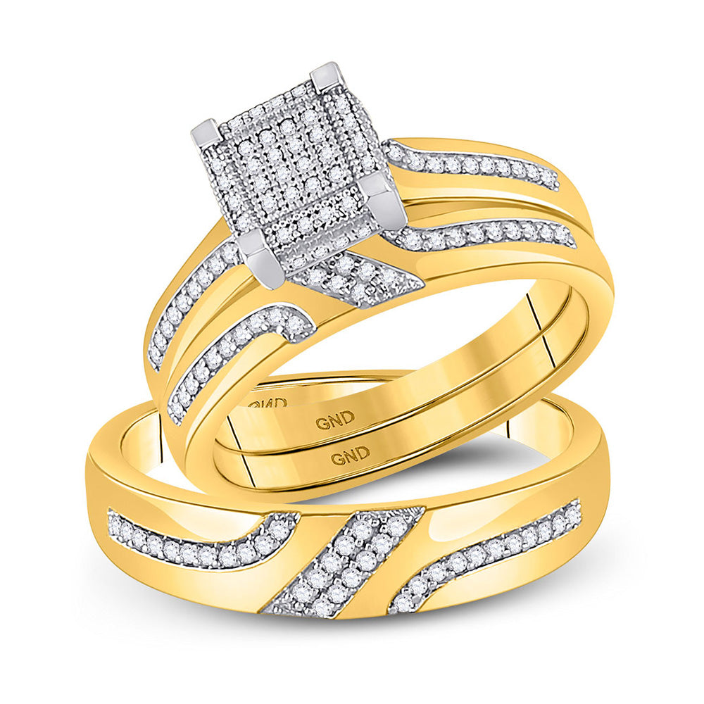 10kt Yellow Gold His Hers Round Diamond Square Matching Wedding Set 1/3 Cttw