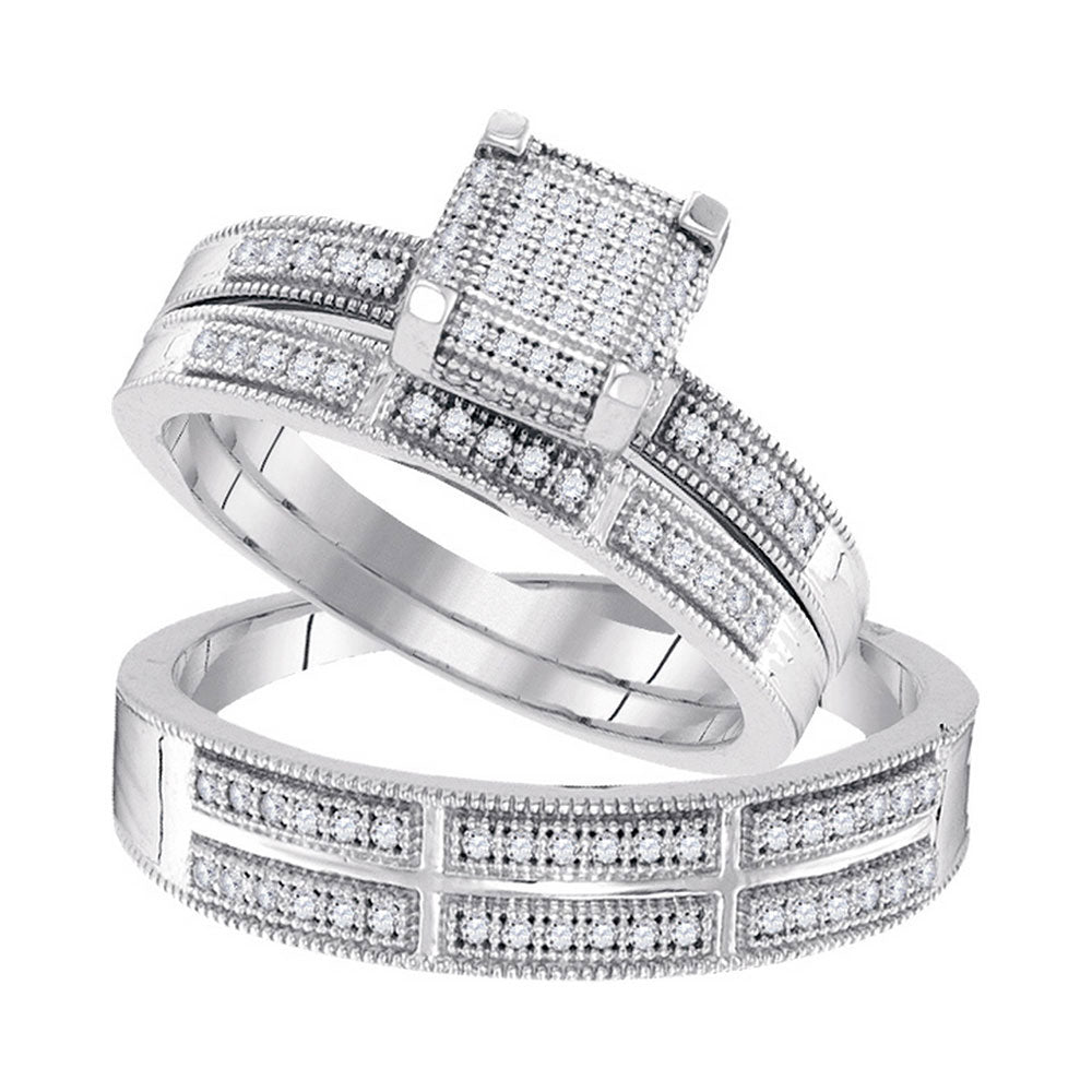 10kt White Gold His Hers Round Diamond Square Matching Wedding Set 1/3 Cttw