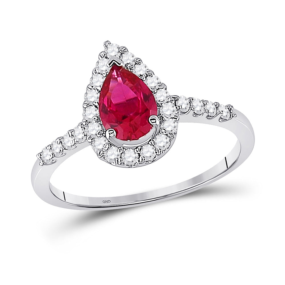10kt White Gold Womens Pear Synthetic Ruby Solitaire Diamond Frame Ring 1-1/5 Cttw
