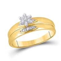 Load image into Gallery viewer, 10kt Yellow Gold His Hers Round Diamond Cluster Matching Wedding Set 1/12 Cttw
