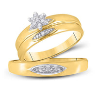 Load image into Gallery viewer, 10kt Yellow Gold His Hers Round Diamond Cluster Matching Wedding Set 1/12 Cttw
