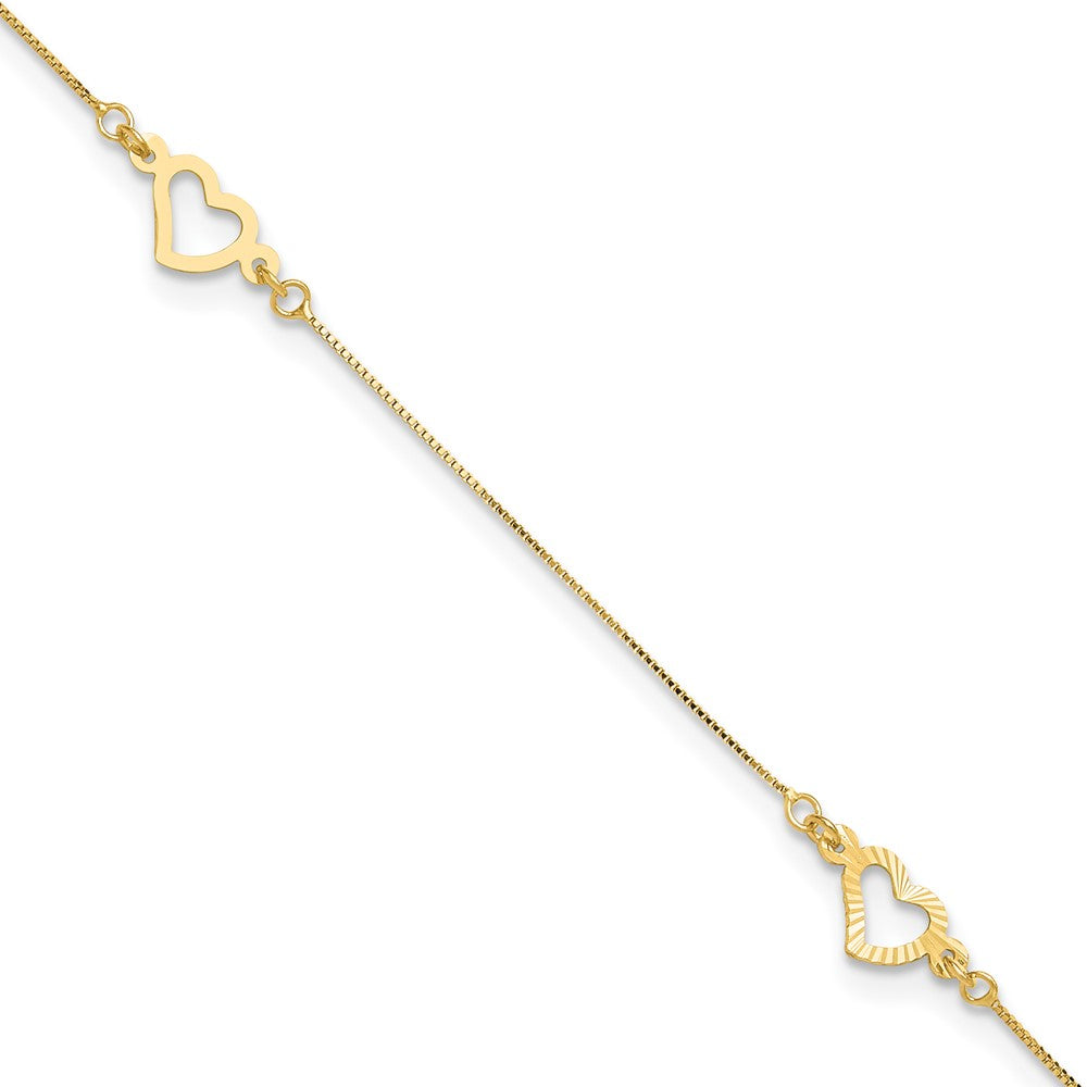 14K Adjustable Fancy Heart 9in Plus 1in Ext. Anklet