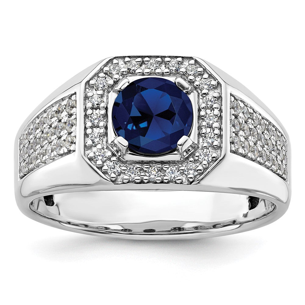 IBGoodman 14k White Gold 1/2 carat Lab Grown Diamond VS/SI+ G+ and Created Blue Sapphire Complete Men's Ring