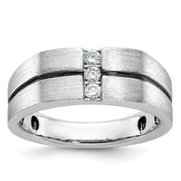 Load image into Gallery viewer, IBGoodman 14k White Gold with Black Rhodium 1/5 carat Lab Grown Diamond VS/SI+ G+ Complete Satin and Grooved Three Stone Men&#39;s Ring
