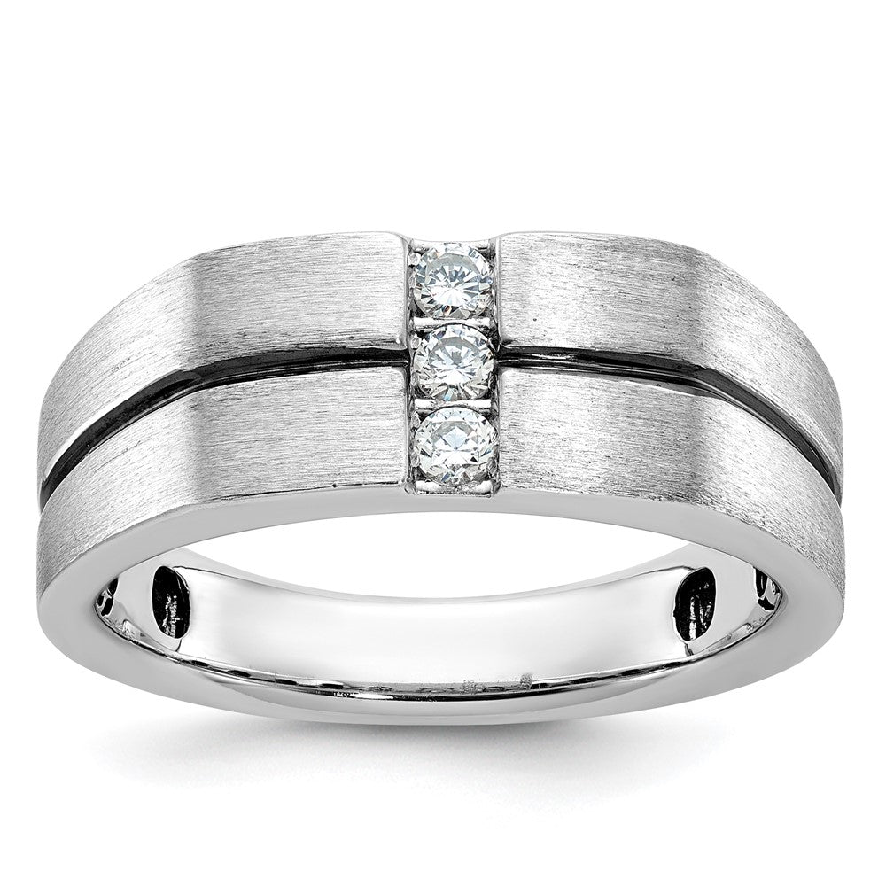 IBGoodman 14k White Gold with Black Rhodium 1/5 carat Lab Grown Diamond VS/SI+ G+ Complete Satin and Grooved Three Stone Men's Ring