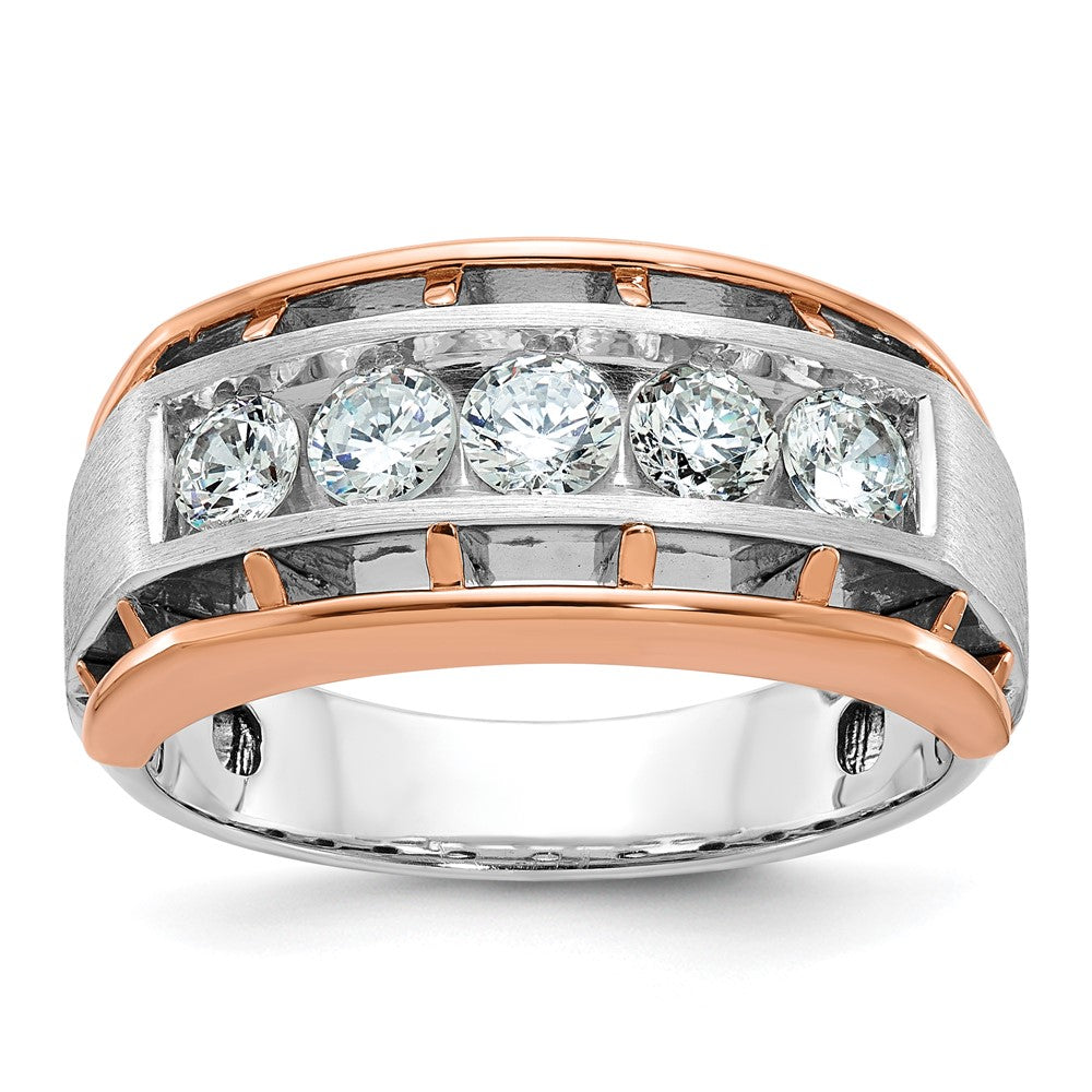 IBGoodman 14k Two Tone Rose and White Gold 1 carat Lab Grown Diamond VS/SI+ G+ Complete Satin Five Stone Cut Out Men's Ring