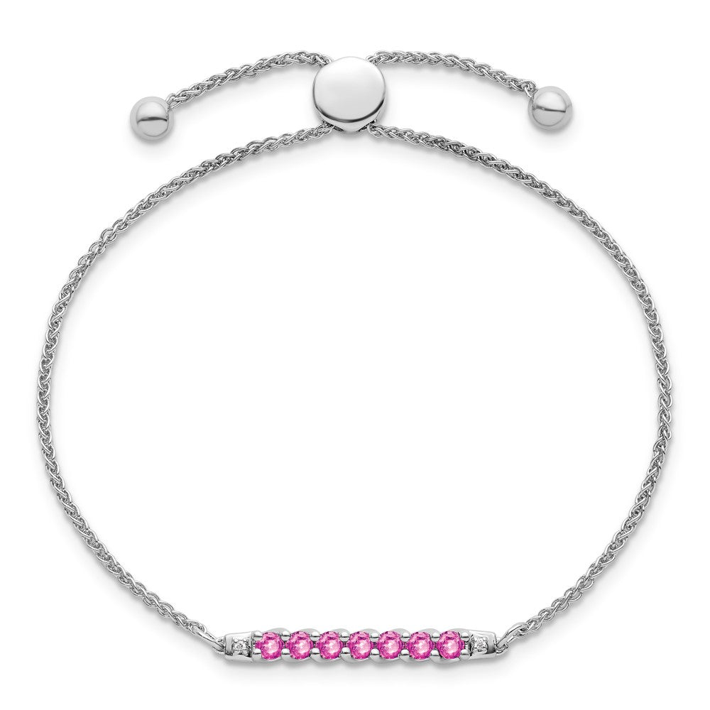 10kw Created Pink Sapphire & Diamond Adjustable SS Bracelet