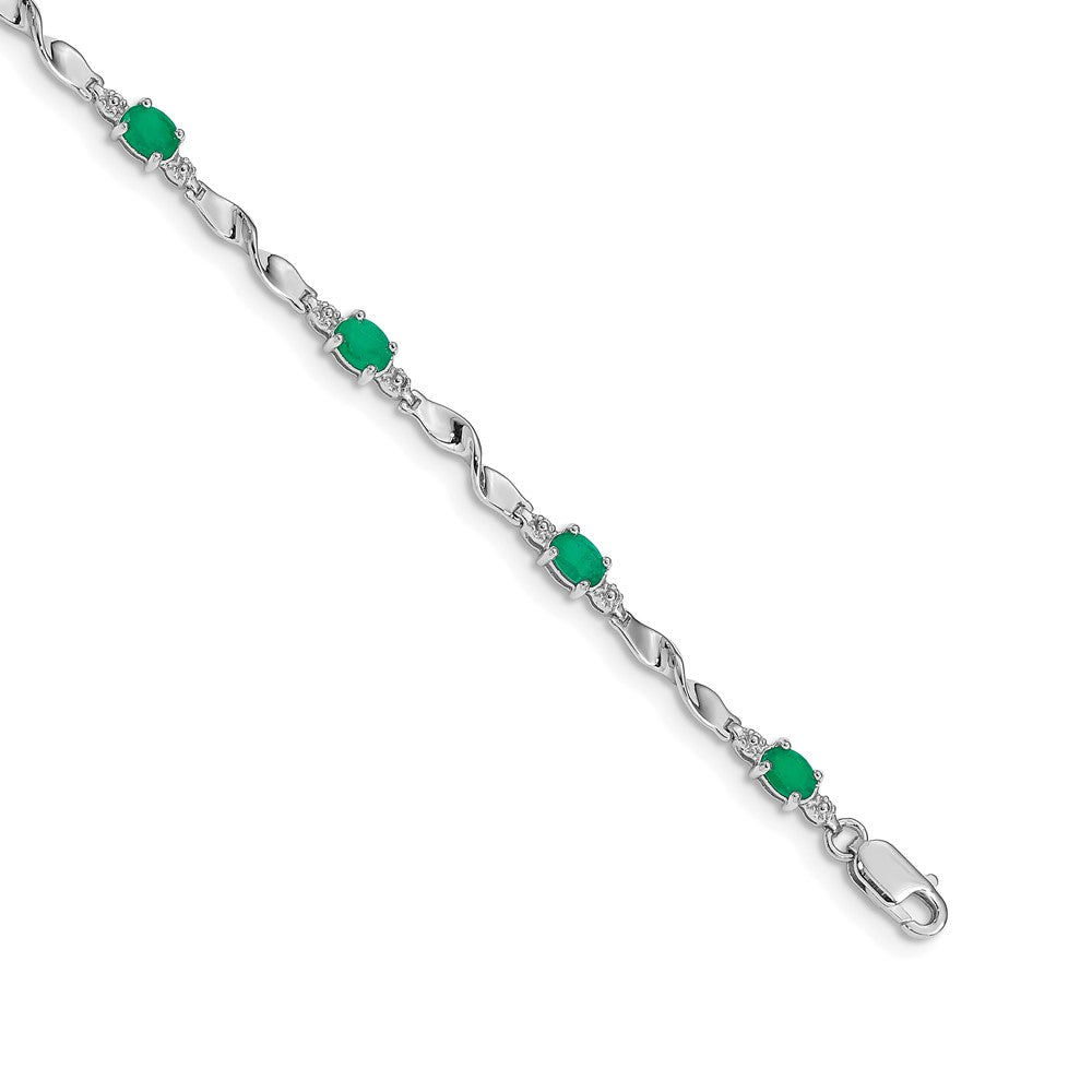 14k White Gold Complete Diamond and Oval Emerald Twisted Link 7 inch Bracelet