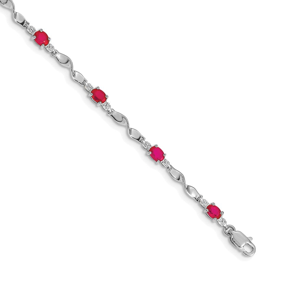 14k White Gold Complete Diamond and Oval Ruby Twisted Link 7 inch Bracelet