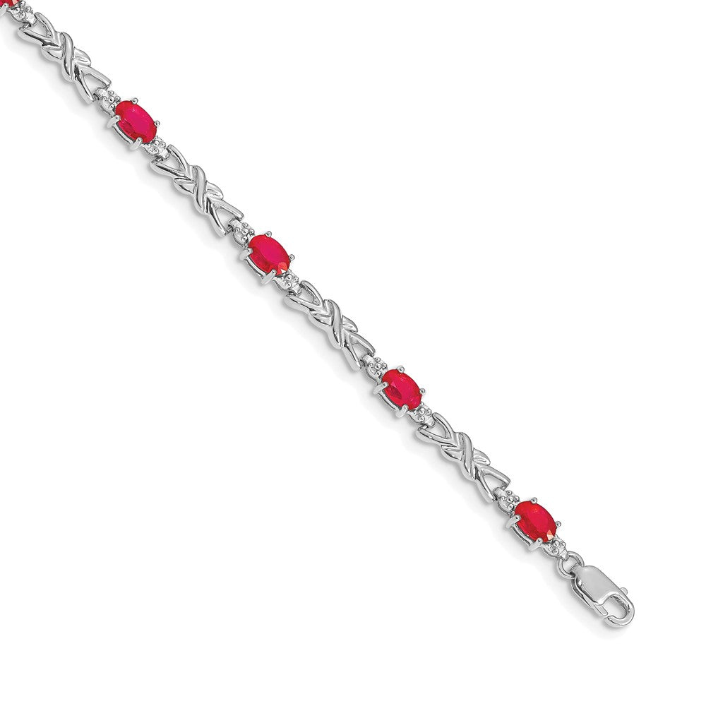 14k White Gold Complete Diamond and Oval Ruby X-design 7.25 inch Bracelet