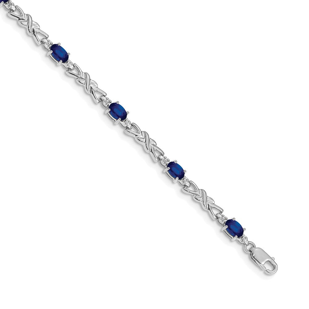 14k White Gold Complete Diamond and Oval Sapphire X-design 7.25 inch Bracelet