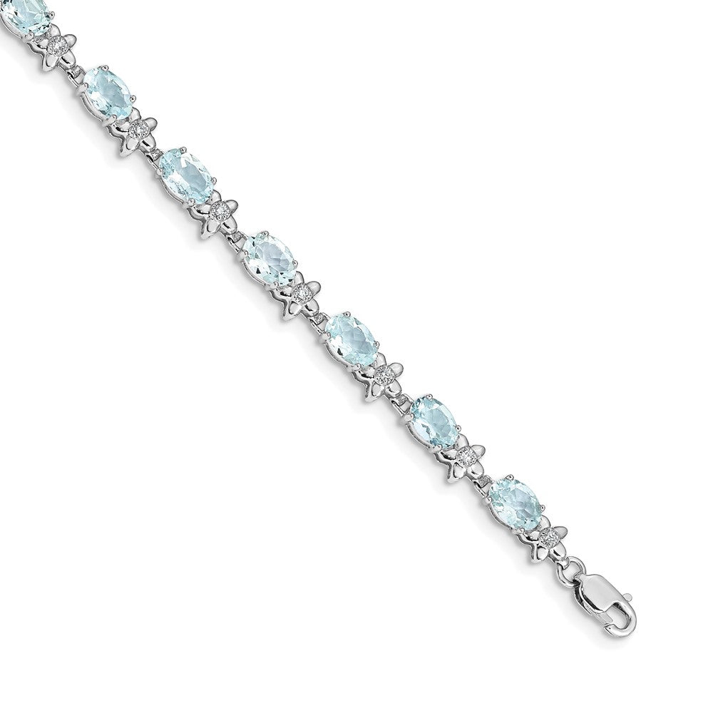 14k White Gold Complete Diamond and Oval Aquamarine Floral 7 inch Bracelet
