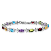 Load image into Gallery viewer, 14k White Gold Complete Diamond and Oval Garnet/Swiss Blue Topaz/Citrine/Amethyst/Peridot Floral 7 inch Rainbow Bracelet
