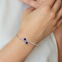 Load image into Gallery viewer, 14k White Gold Complete Round Amethyst and 1/8 carat Diamond Halo Flexible Bangle Bracelet
