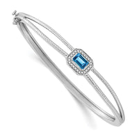 Load image into Gallery viewer, 14k White Gold Complete Emerald-cut Blue Topaz and 1/10 carat Diamond Halo Hinged Bangle Bracelet
