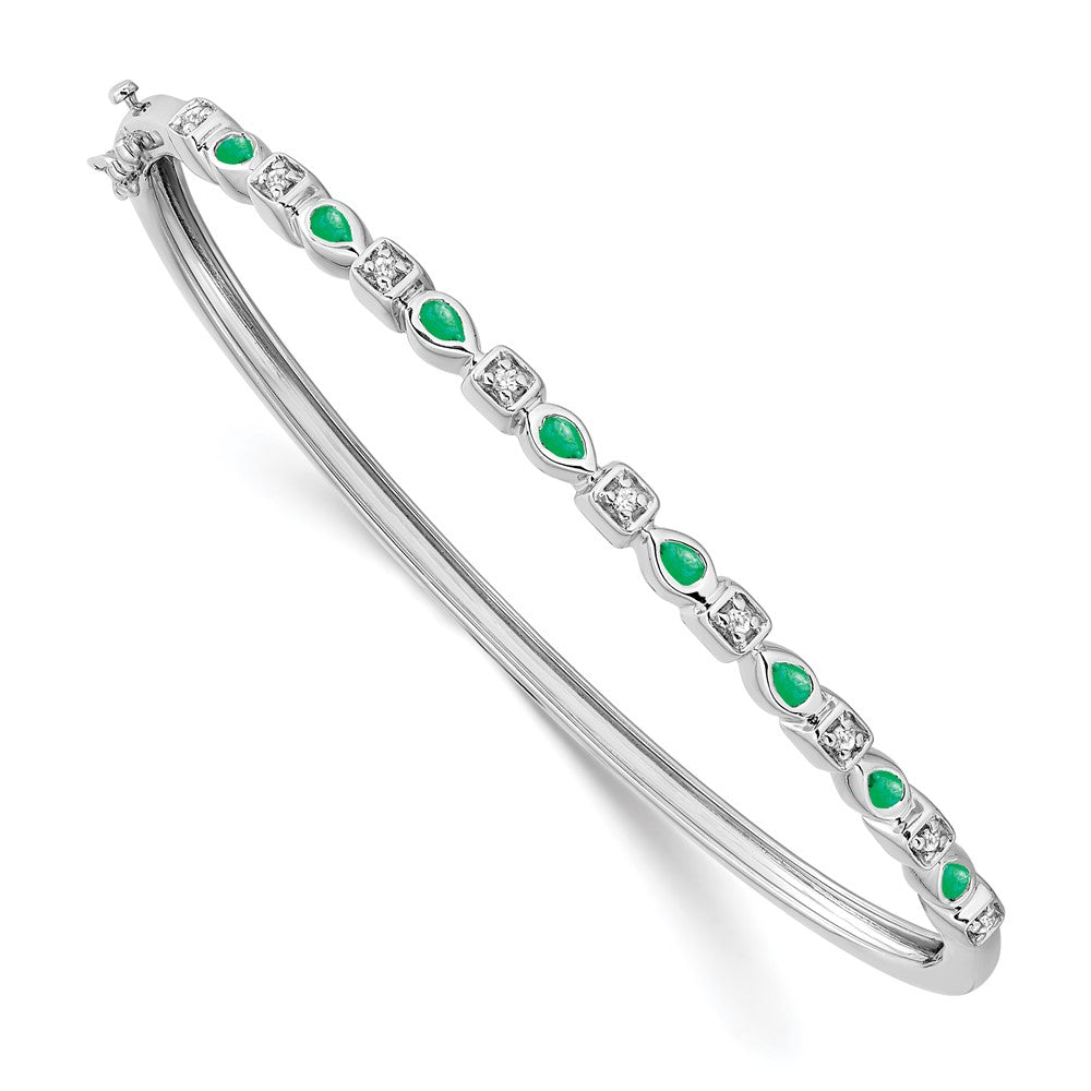 14k White Gold Complete Emerald and 1/10 carat Diamond Hinged Bangle Bracelet