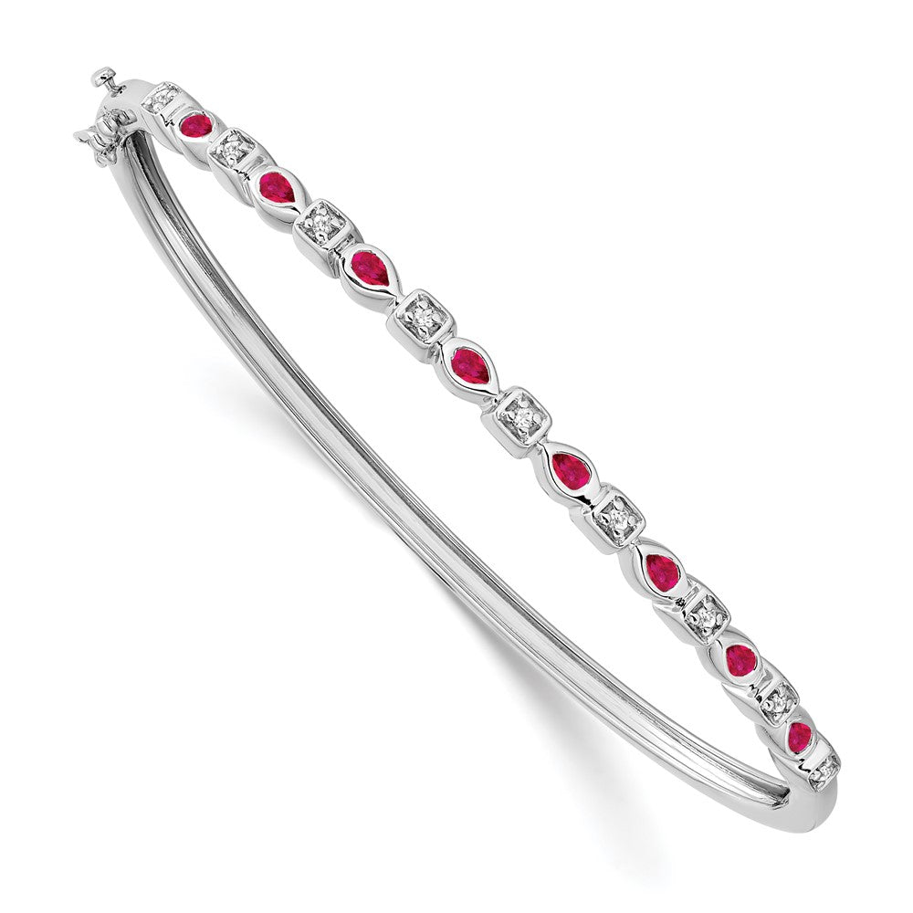 14k White Gold Complete Ruby and 1/10 carat Diamond Hinged Bangle Bracelet