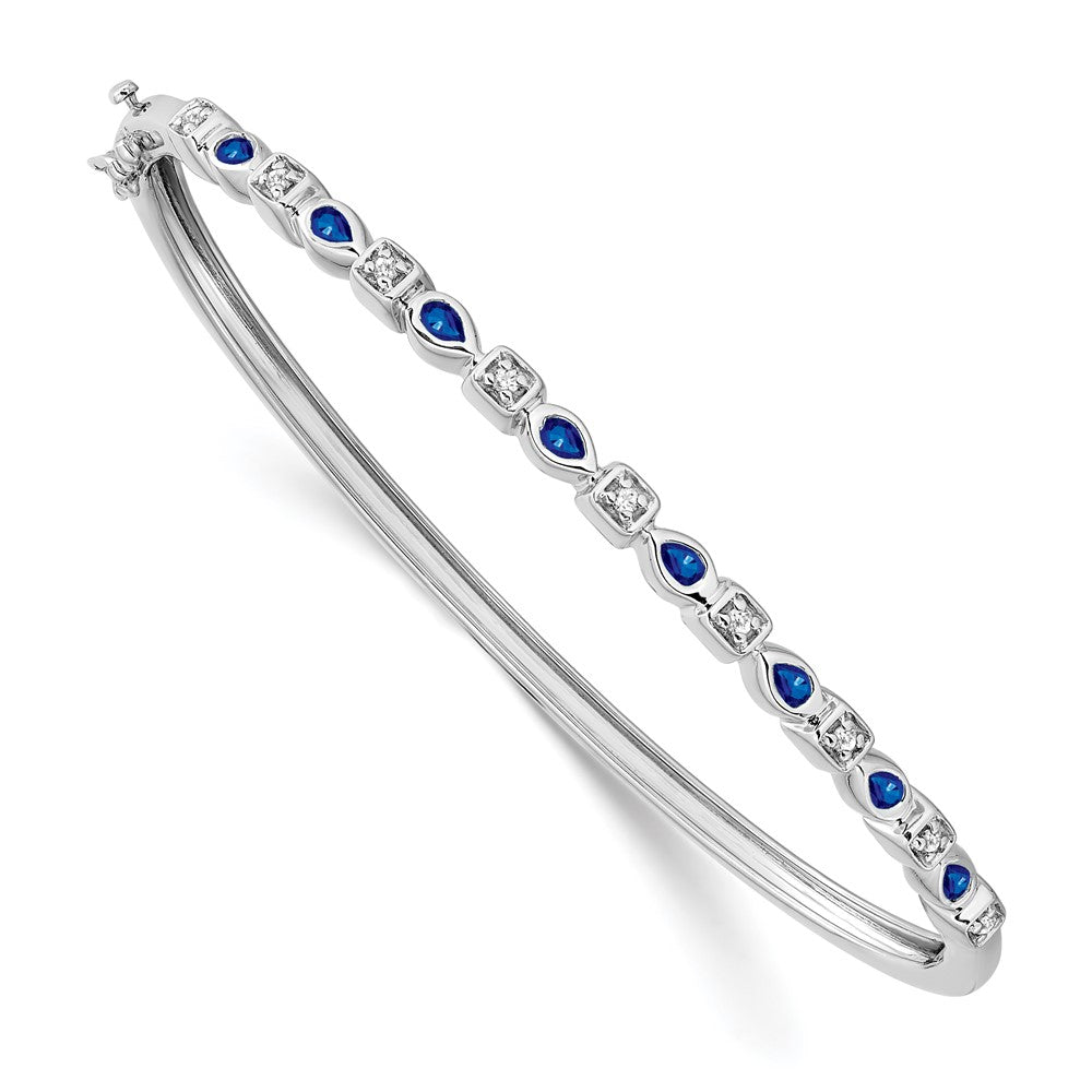 14k White Gold Complete Sapphire and 1/10 carat Diamond Hinged Bangle Bracelet