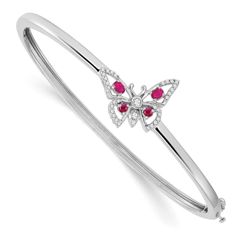 14k White Gold Complete Ruby and 1/6 carat Diamond Butterfly Hinged Bangle Bracelet