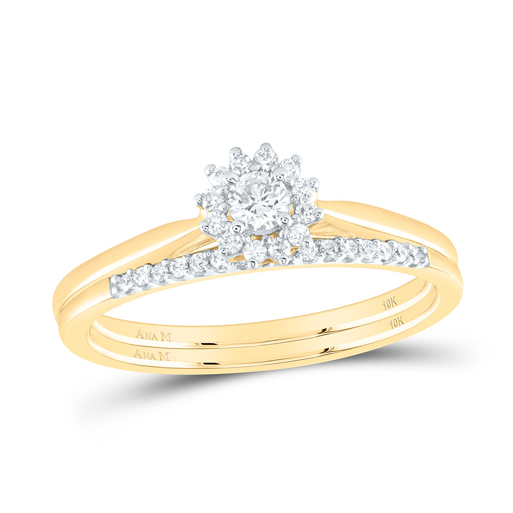 10kt Yellow Gold Womens Round Diamond Halo Bridal Wedding Engagement Ring Band Set 1/4 Cttw