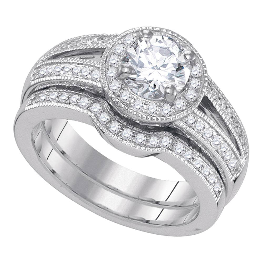 14kt White Gold Womens Round Diamond Halo Bridal Wedding Engagement Ring Band Set 1-1/3 Cttw