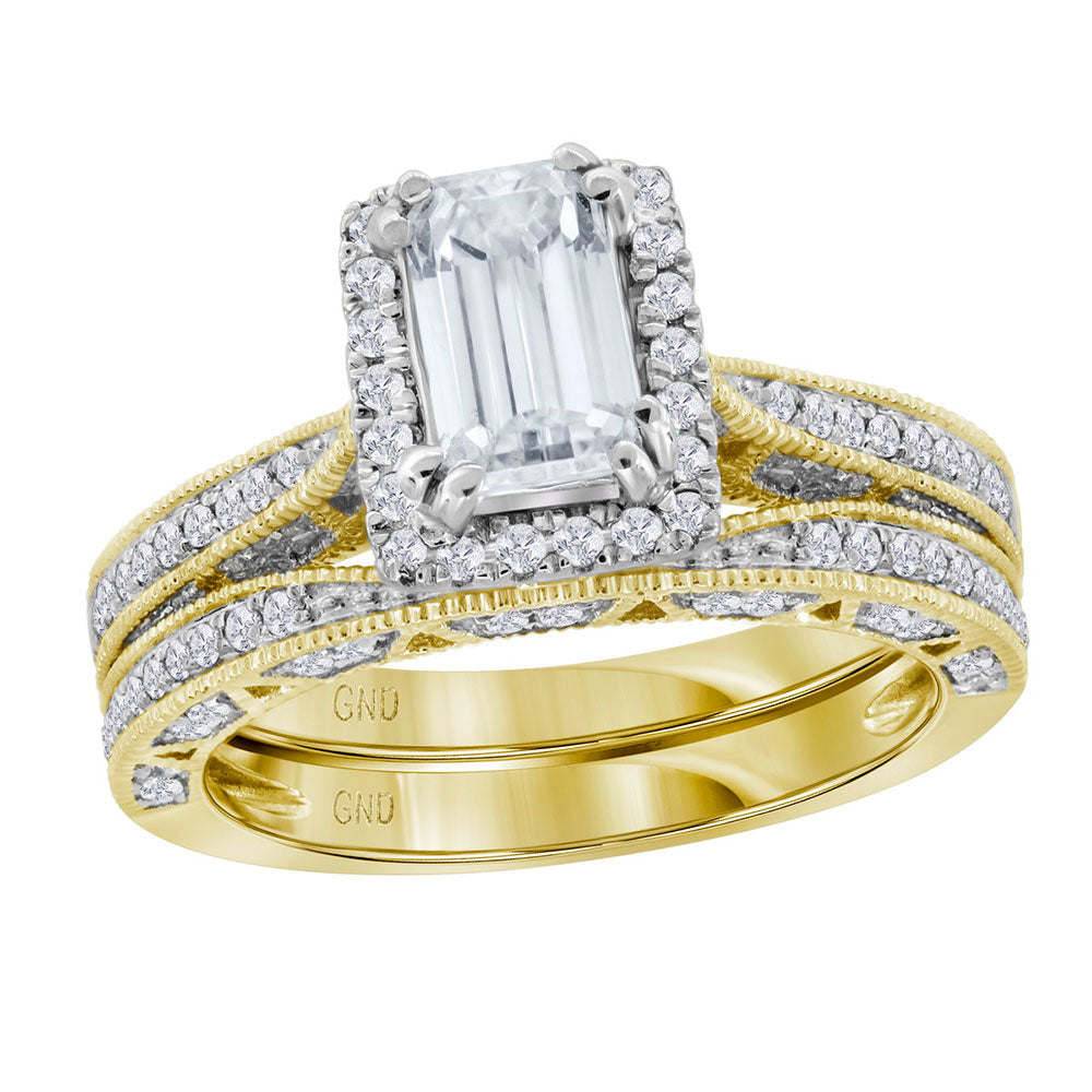 14kt Yellow Gold Womens Emerald Diamond Bridal Wedding Engagement Ring Band Set 1-3/4 Cttw