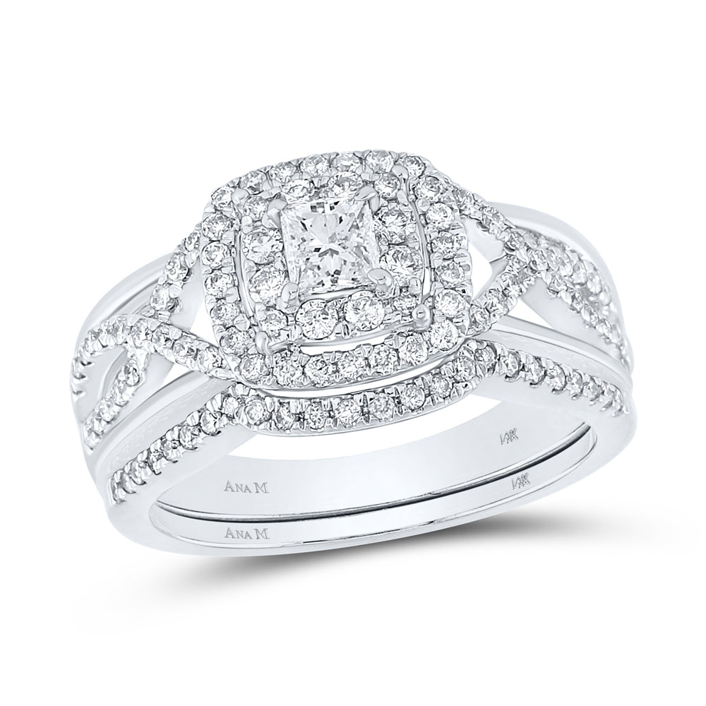 14kt White Gold Womens Princess Diamond Bridal Wedding Engagement Ring Band Set 7/8 Cttw