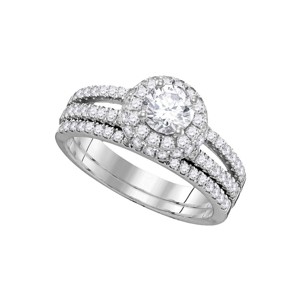 14kt White Gold Womens Round Diamond Halo Bridal Wedding Engagement Ring Band Set 1-1/2 Cttw