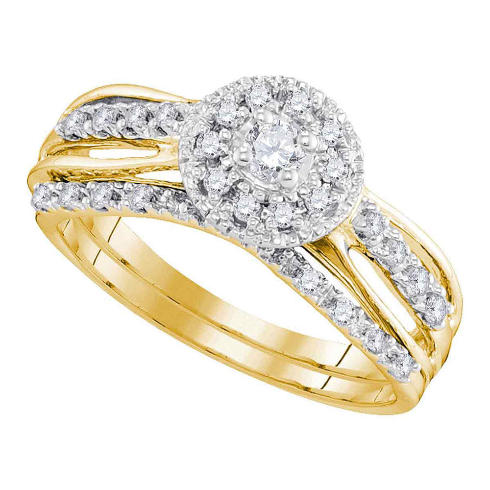 10kt Yellow Gold Womens Round Diamond Halo Bridal Wedding Engagement Ring Band Set 1/3 Cttw