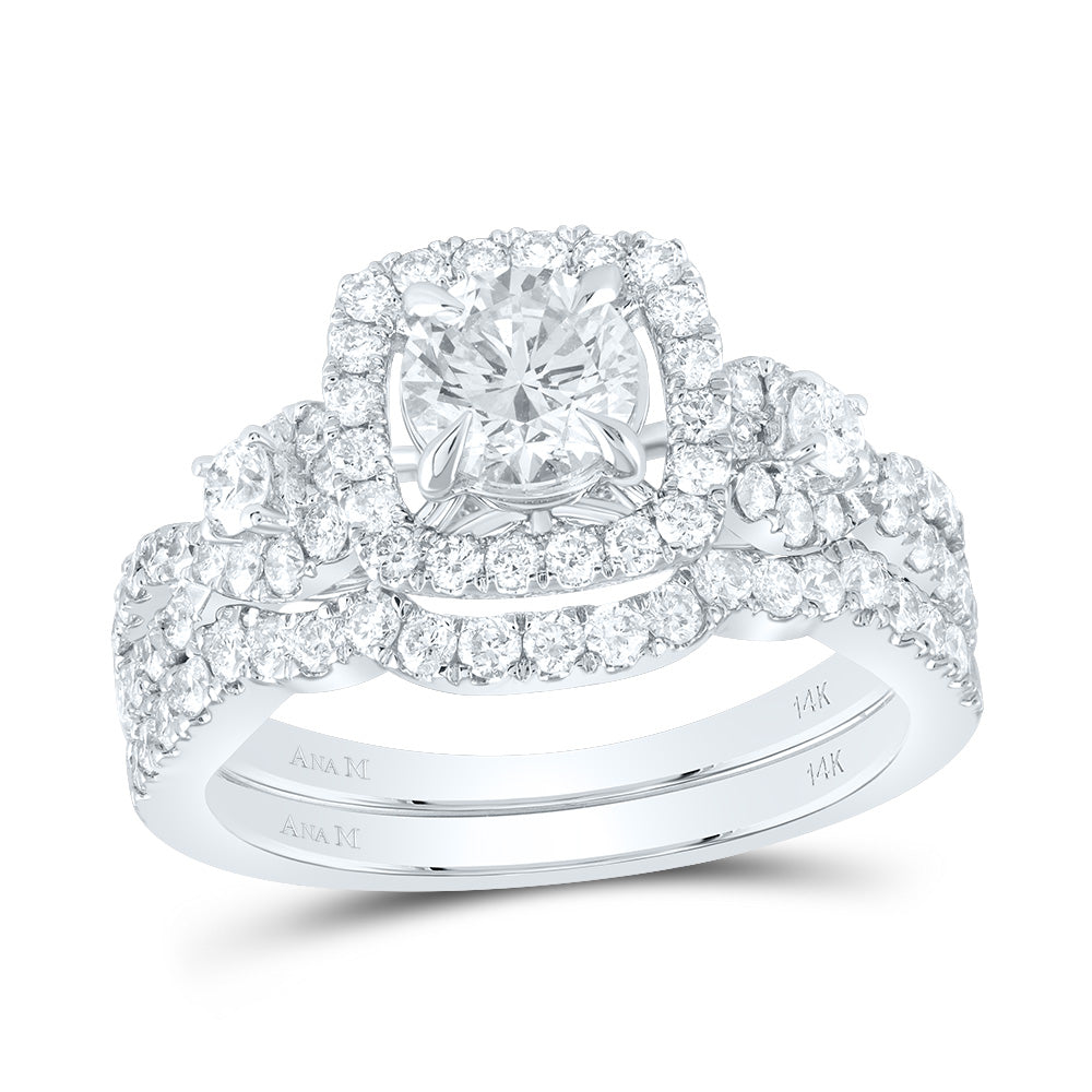 14kt White Gold Womens Round Diamond Halo Bridal Wedding Engagement Ring Band Set 1-3/4 Cttw