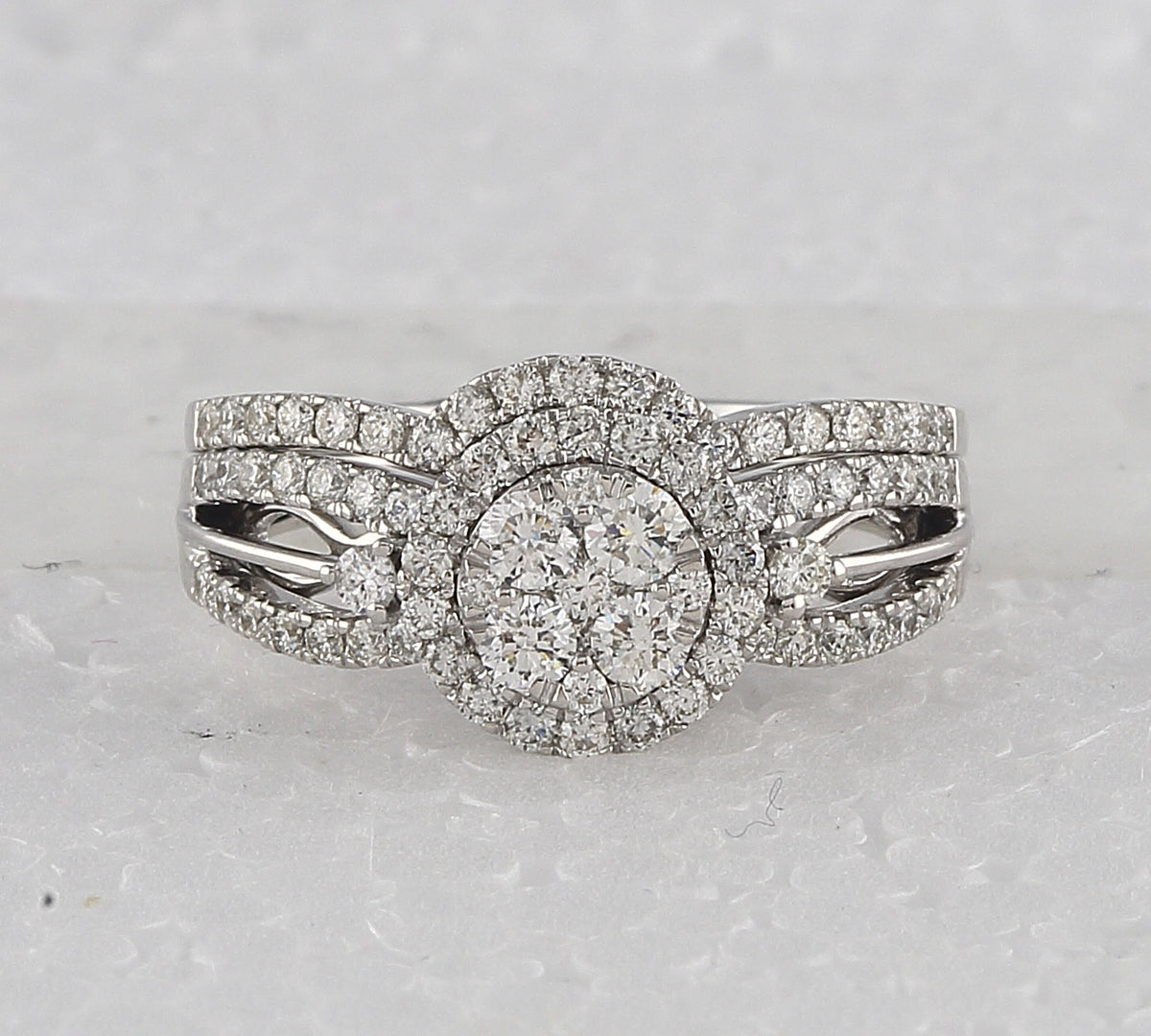 14kt White Gold Womens Round Diamond Cluster Bridal Wedding Engagement Ring Band Set 1.00 Cttw