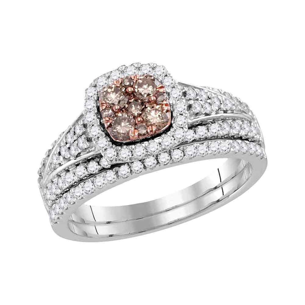 14kt White Gold Womens Round Brown Diamond Bridal Wedding Engagement Ring Band Set 1.00 Cttw