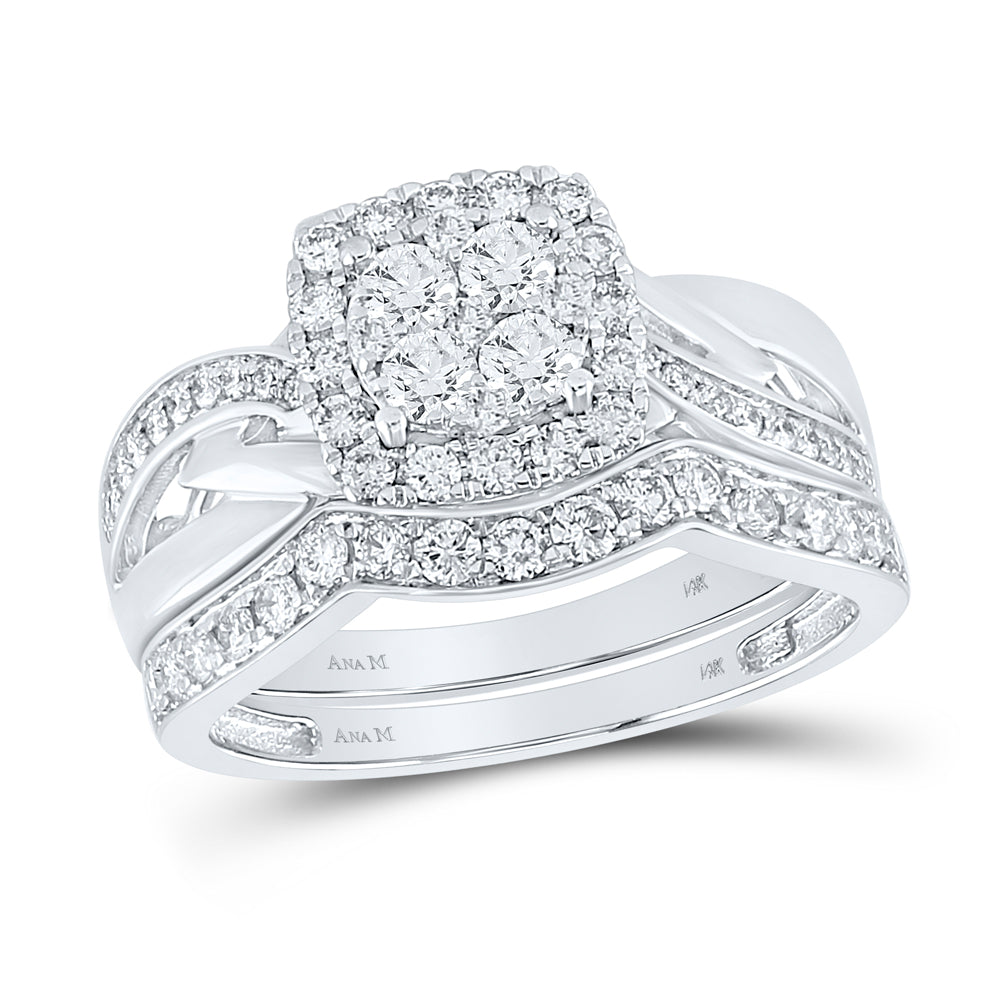 14kt White Gold Womens Round Diamond Cluster Bridal Wedding Engagement Ring Band Set 1.00 Cttw