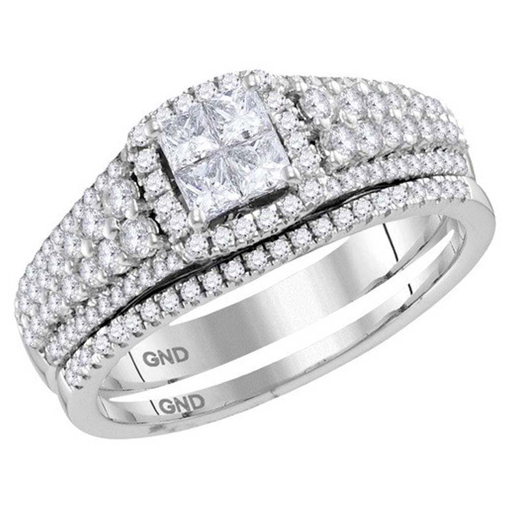 14kt White Gold Womens Princess Diamond Bridal Wedding Engagement Ring Band Set 1.00 Cttw
