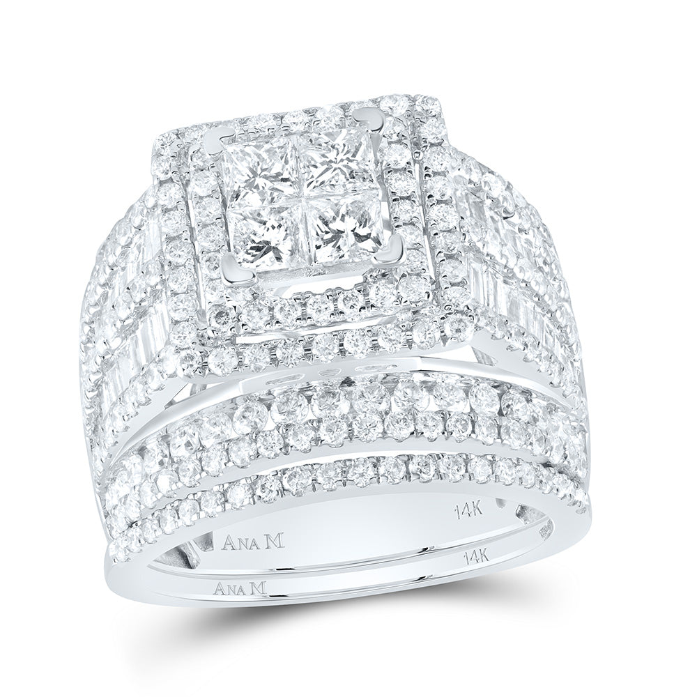 14kt White Gold Womens Princess Diamond Bridal Wedding Engagement Ring Band Set 3.00 Cttw