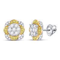 Load image into Gallery viewer, 14kt White Gold Womens Round Yellow Diamond Flower Cluster Earrings 5/8 Cttw
