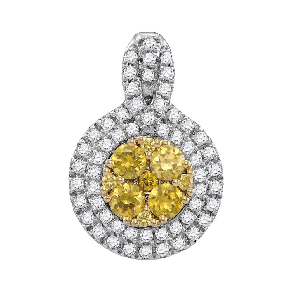 14kt White Gold Womens Round Yellow Diamond Circle Frame Cluster Pendant 1.00 Cttw