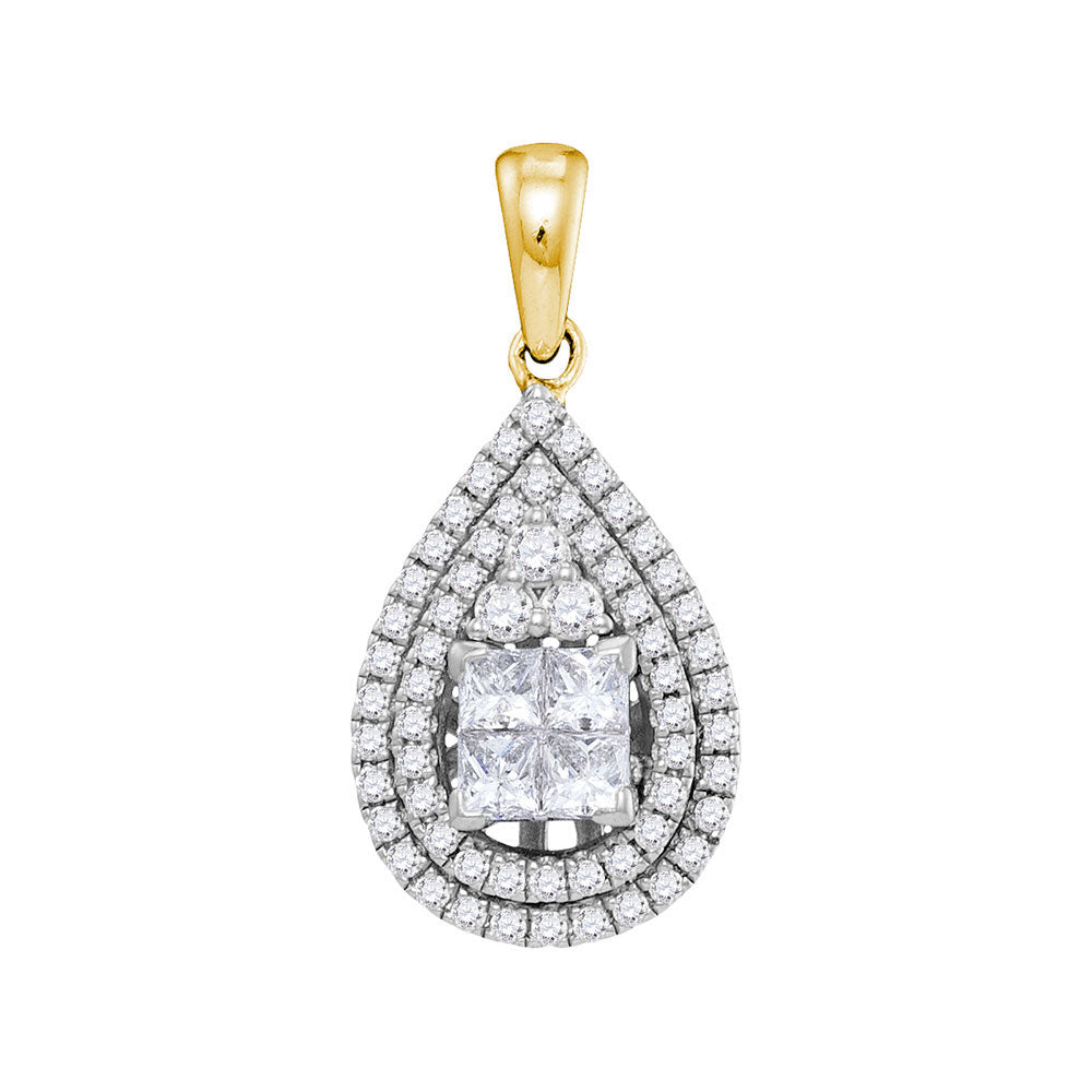 14kt Yellow Gold Womens Princess Diamond Teardrop Cluster Pendant 1.00 Cttw