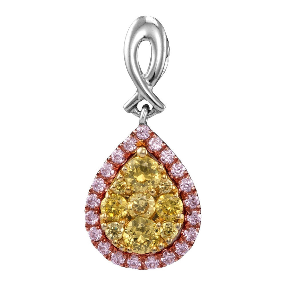 14kt White Gold Womens Round Yellow Pink Diamond Teardrop Cluster Pendant 1/2 Cttw