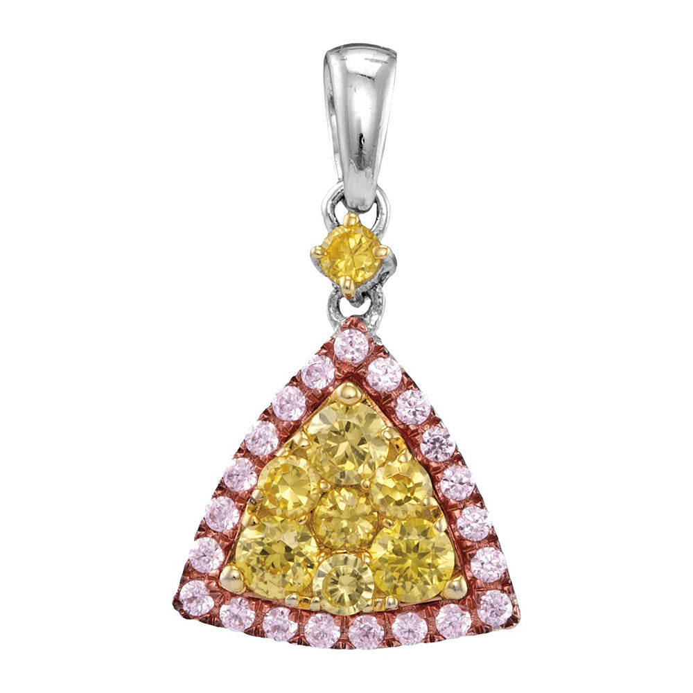 14kt White Gold Womens Round Yellow Pink Diamond Triangle Frame Cluster Pendant 5/8 Cttw