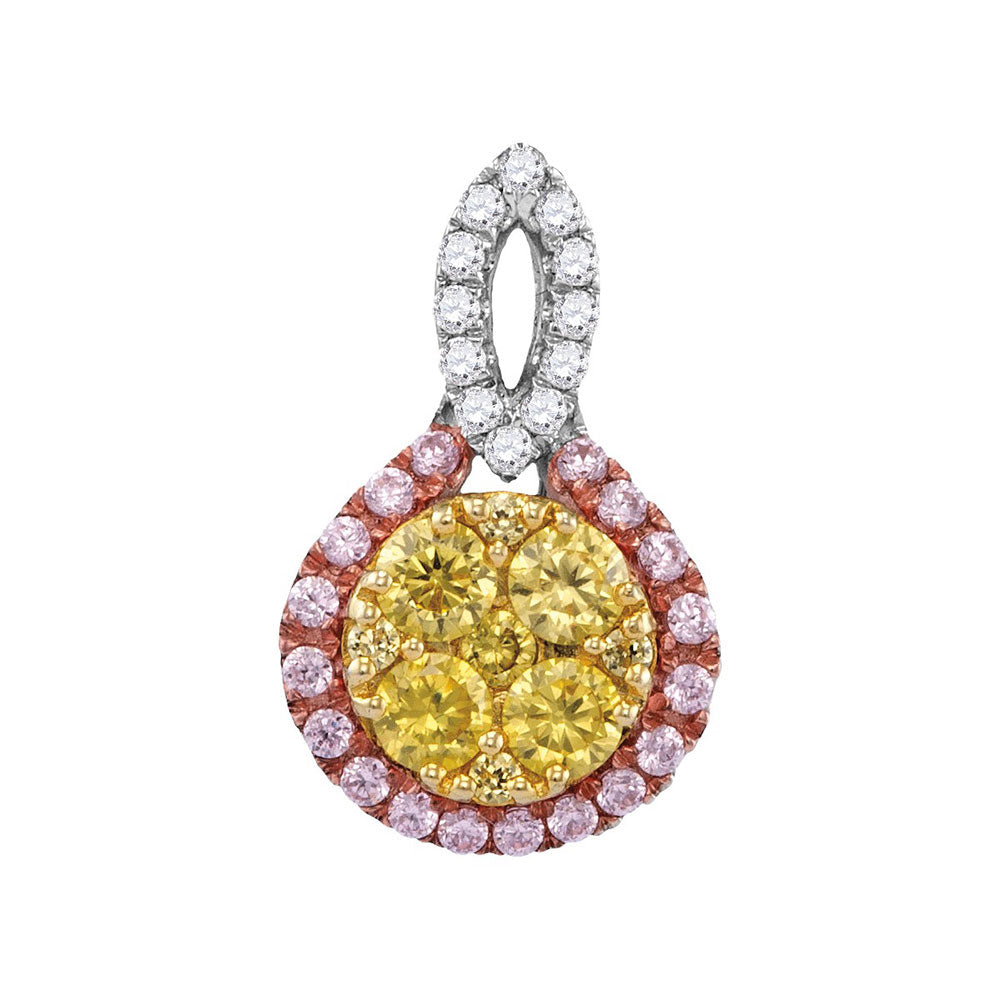 14kt White Gold Womens Round Yellow Pink Diamond Cluster Pendant 7/8 Cttw